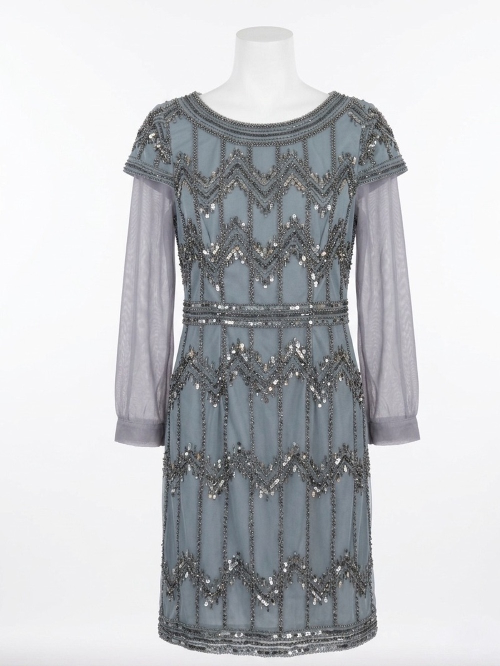 Adrianna Papell Hand Beaded Long-Sleeve Cocktail Sheath Dress in Slate Blue Gray